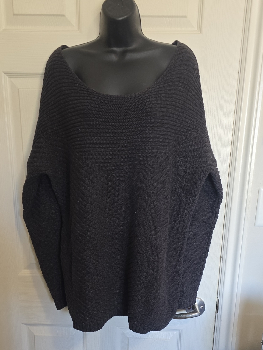 Revolution Off-the-Shoulder Dark GREY Ribbed Knit Sweater